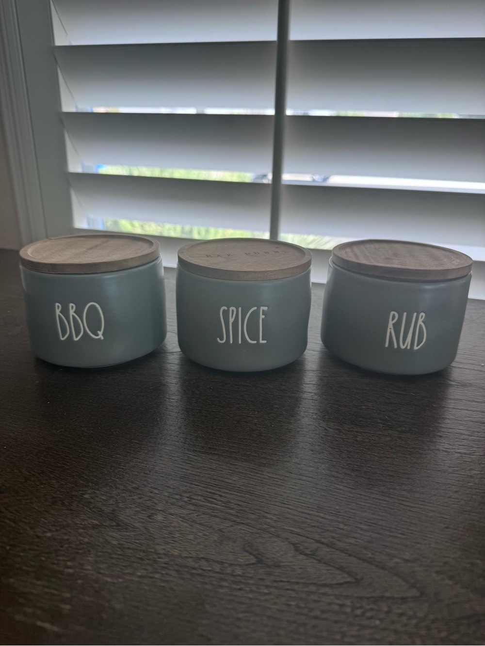 Rae Dunn "SPICE BBQ RUB" Stackable Cellar Cannister Ceramic Wood Lid Gray Wood